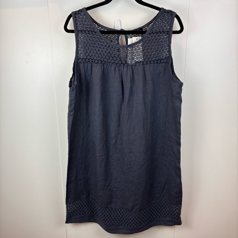 NWT Lungo L'Arno Navy Blue Linen Shift Dress Crochet sz M Sleeveless Lagenlook